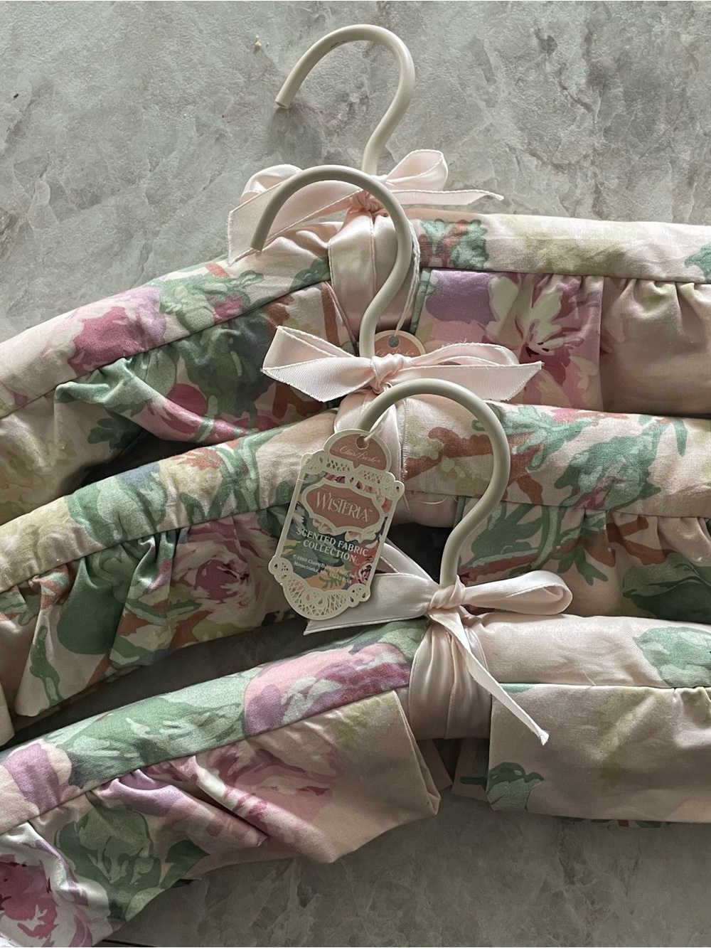 Wisteria Floral Pink Green Polished Cotton Hangers - Set of 3